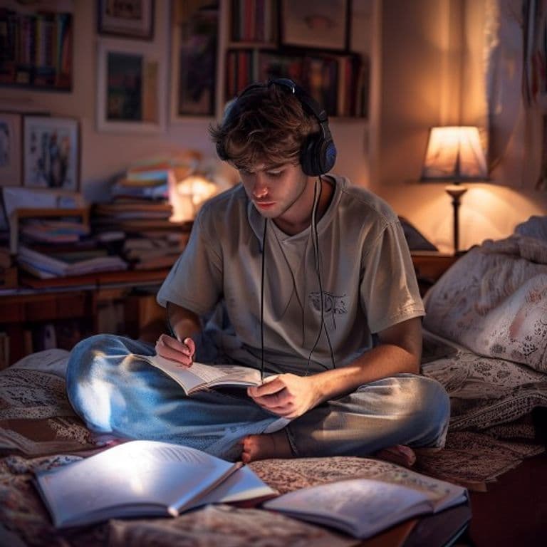 Estudante estudando com laptop mostrando interface de tutor IA, livros e cadernos espalhados na mesa, expressão focada